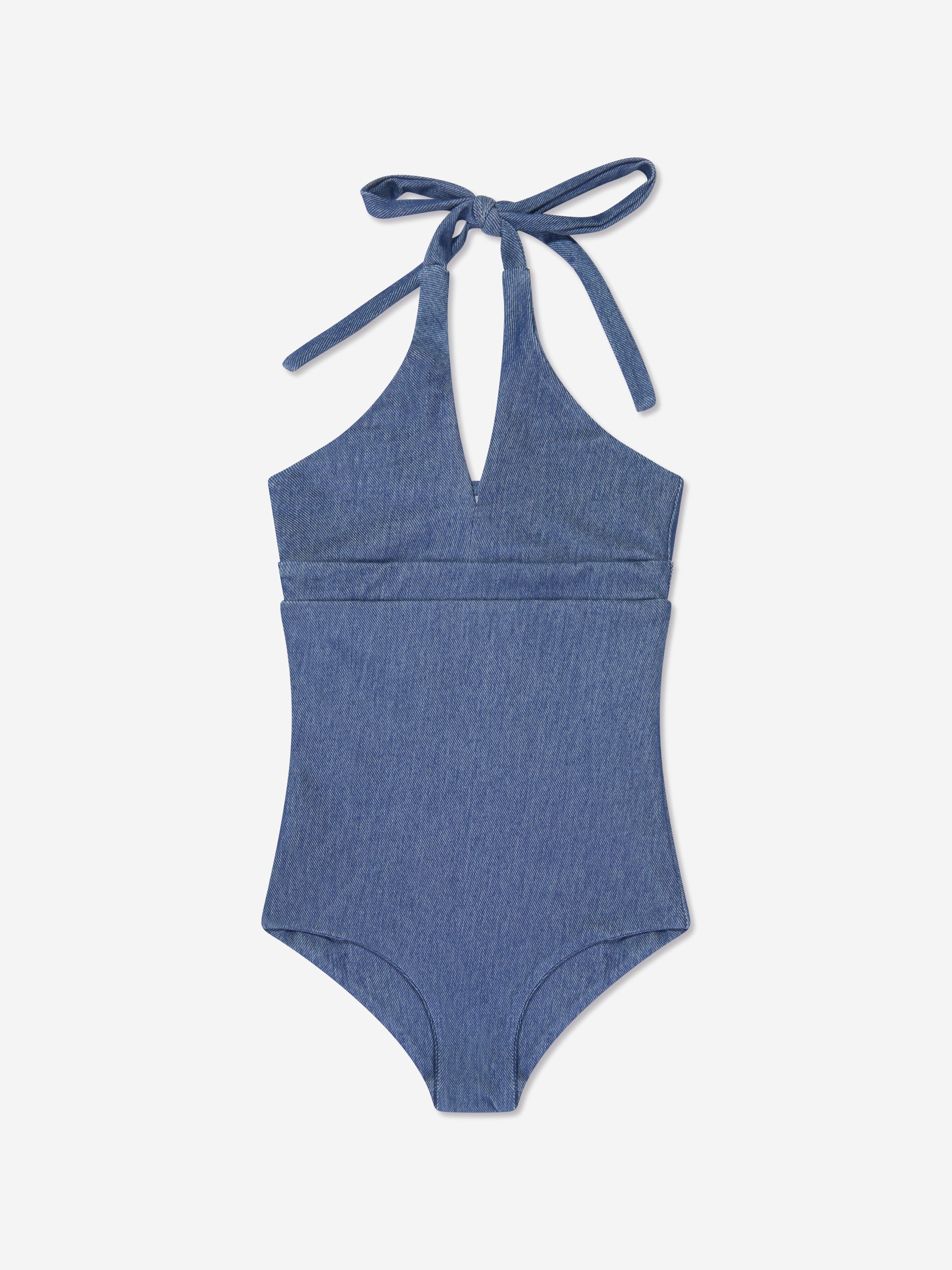 Girls Denim Look Halterneck Swimsuit in Blue