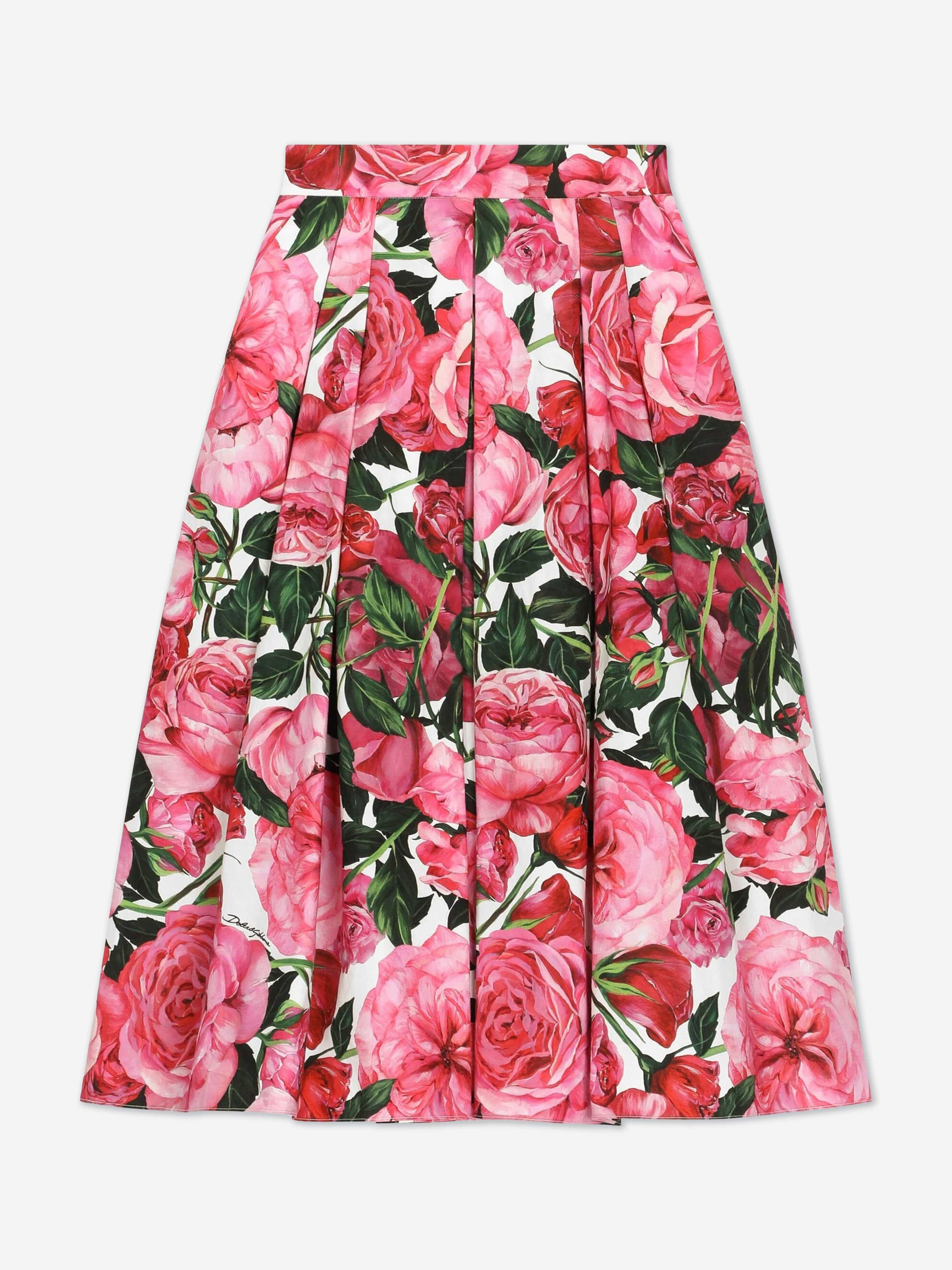 Dolce & Gabbana Girls Rose Print Long Skirt in Pink