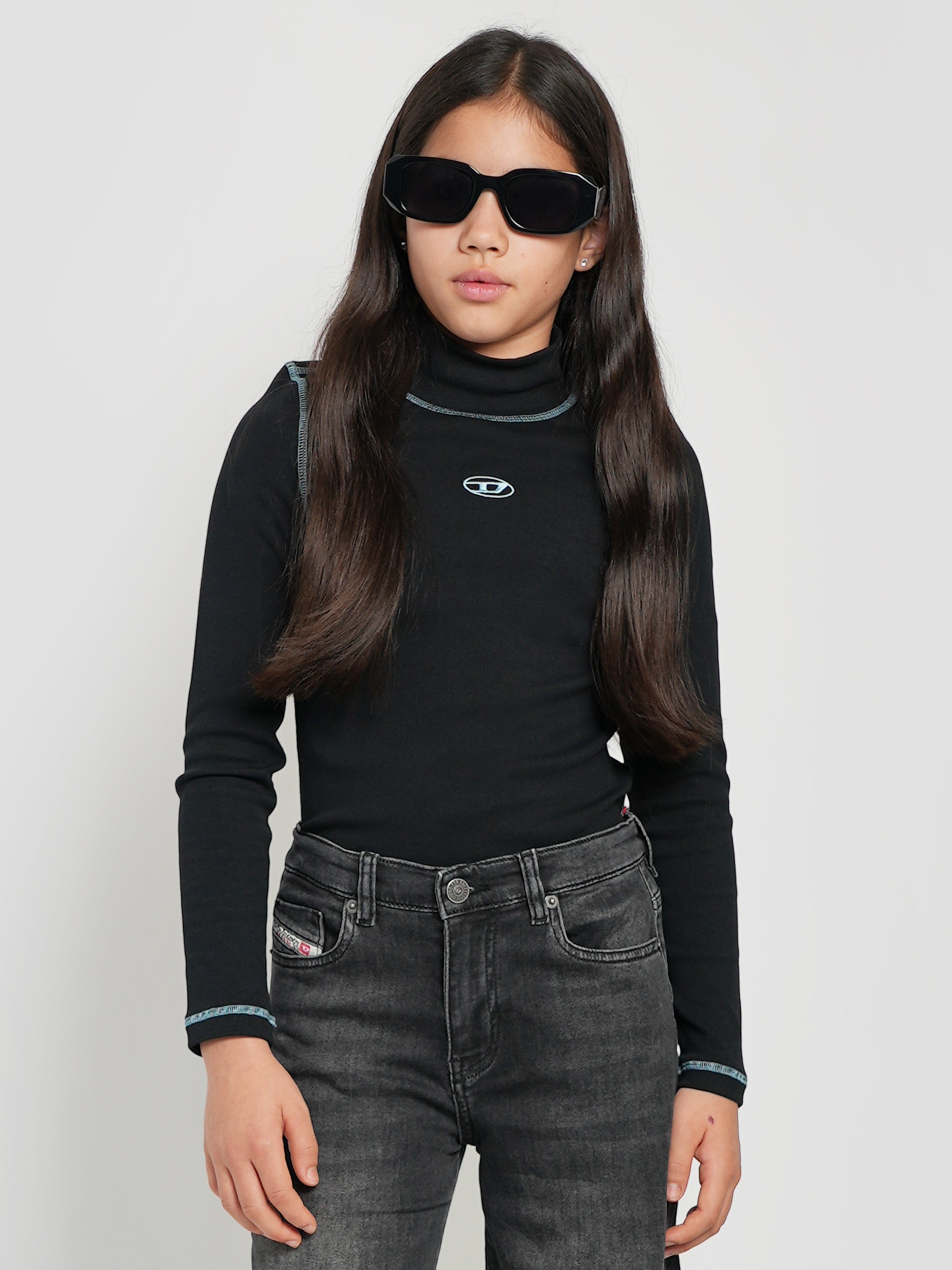 Diesel Girls Turtleneck Logo T-Shirt in Black