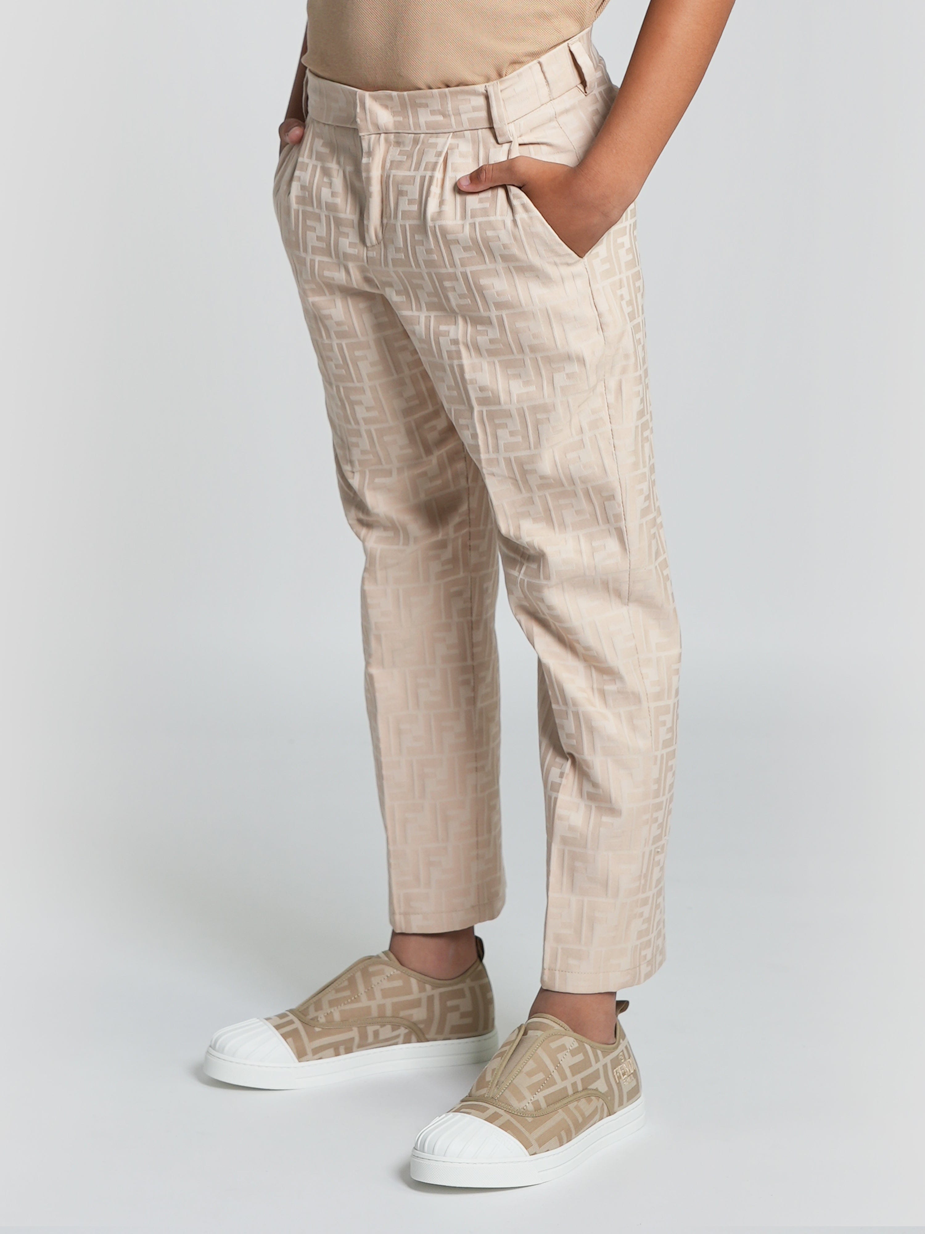 Fendi Boys FF Jacquard Trousers in Beige