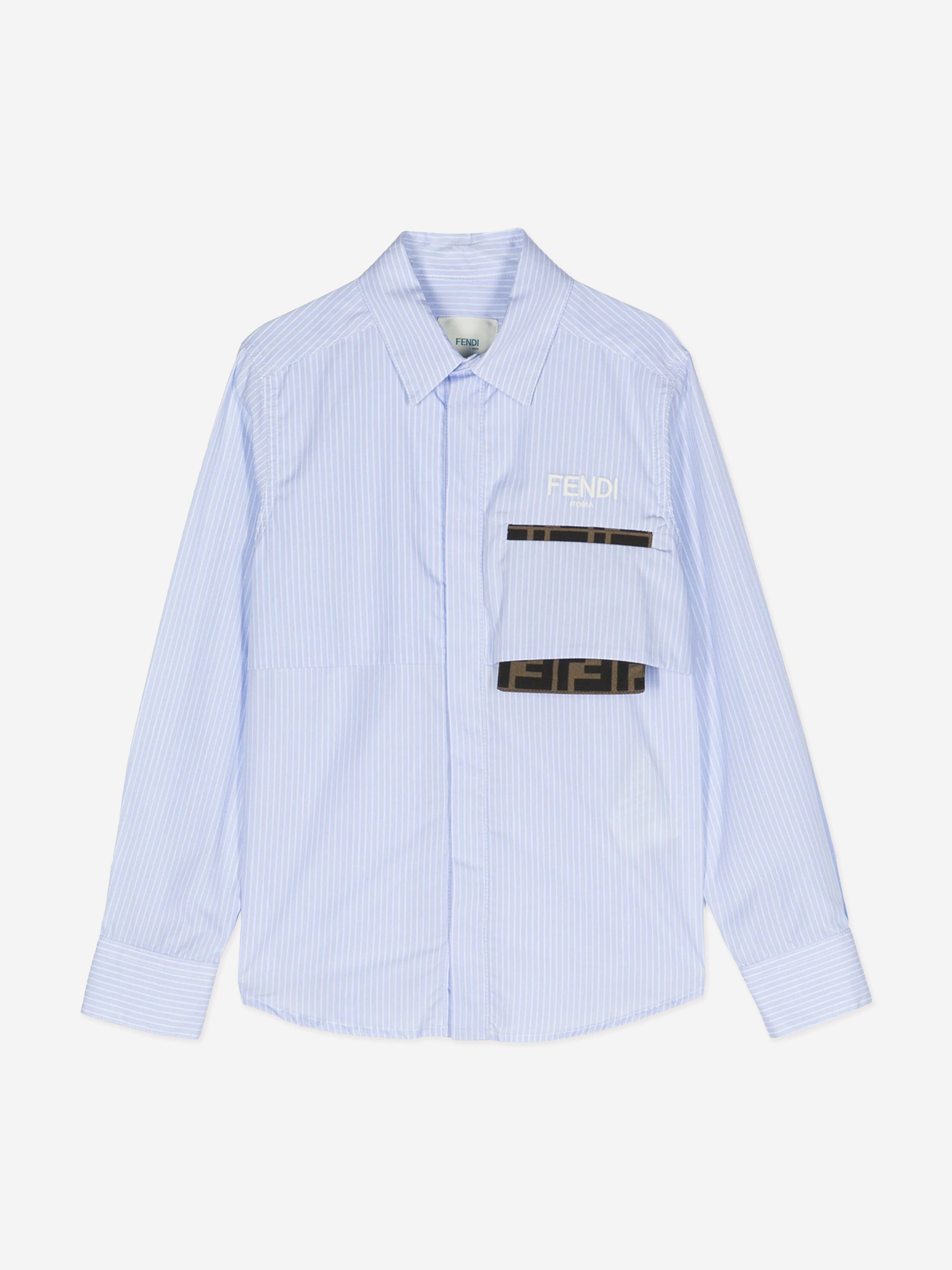 Fendi Boys Striped FF Pocket Shirt in Blue