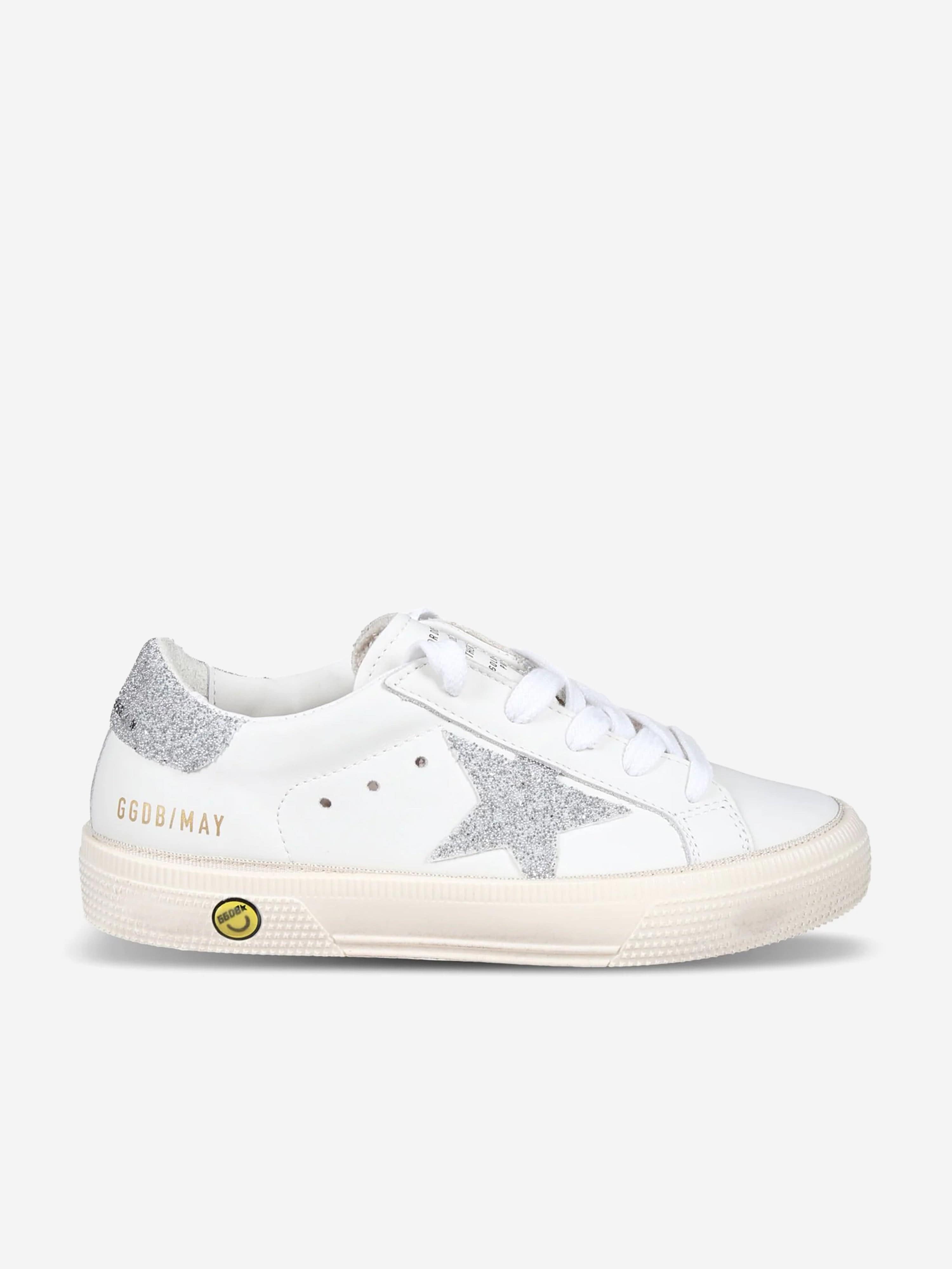 Golden Goose Girls Leather Crystal Star May Trainers in White