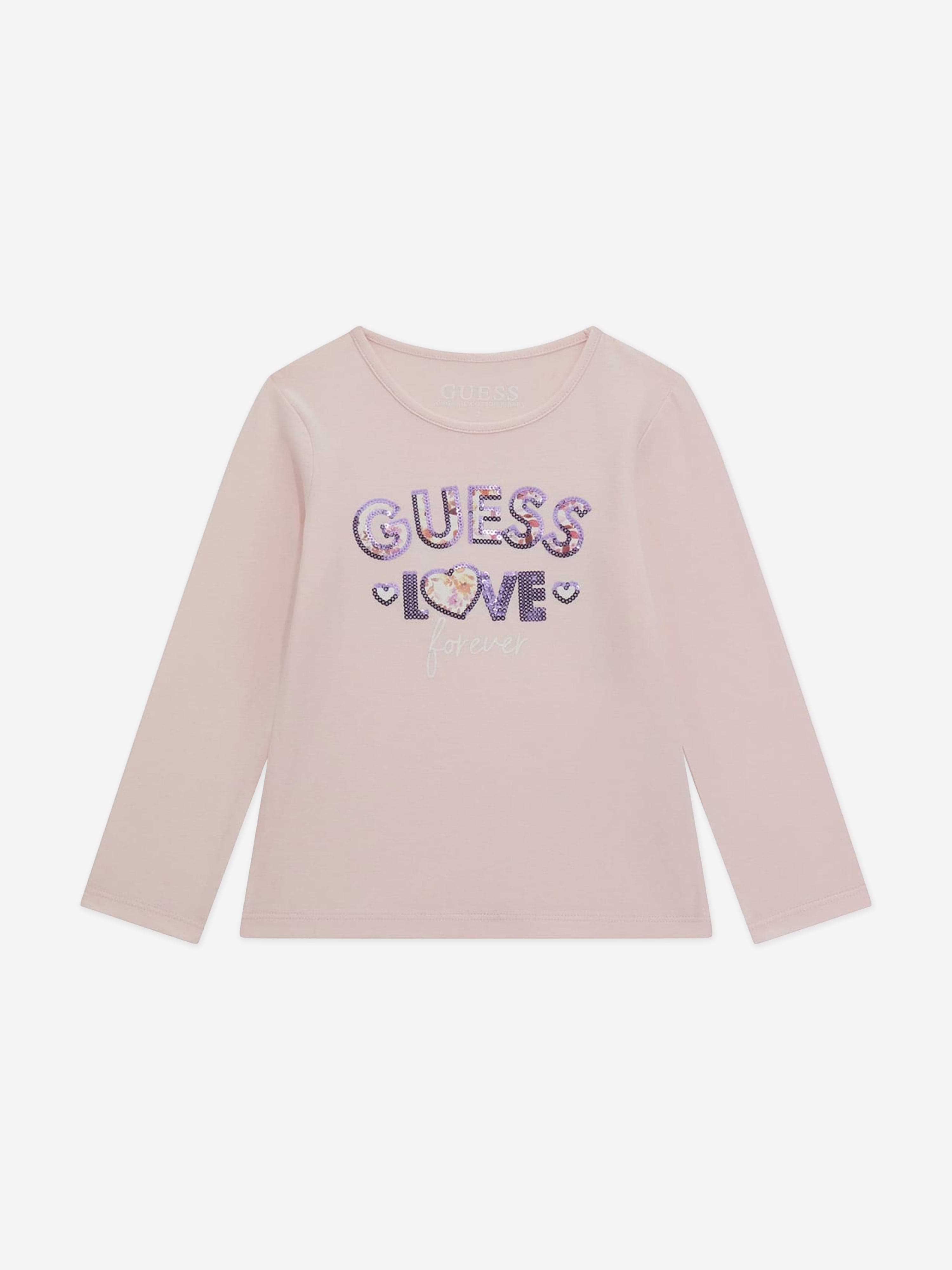 Guess Girls Long Sleeve Logo T Shirt in Pink Childsplay Clothing