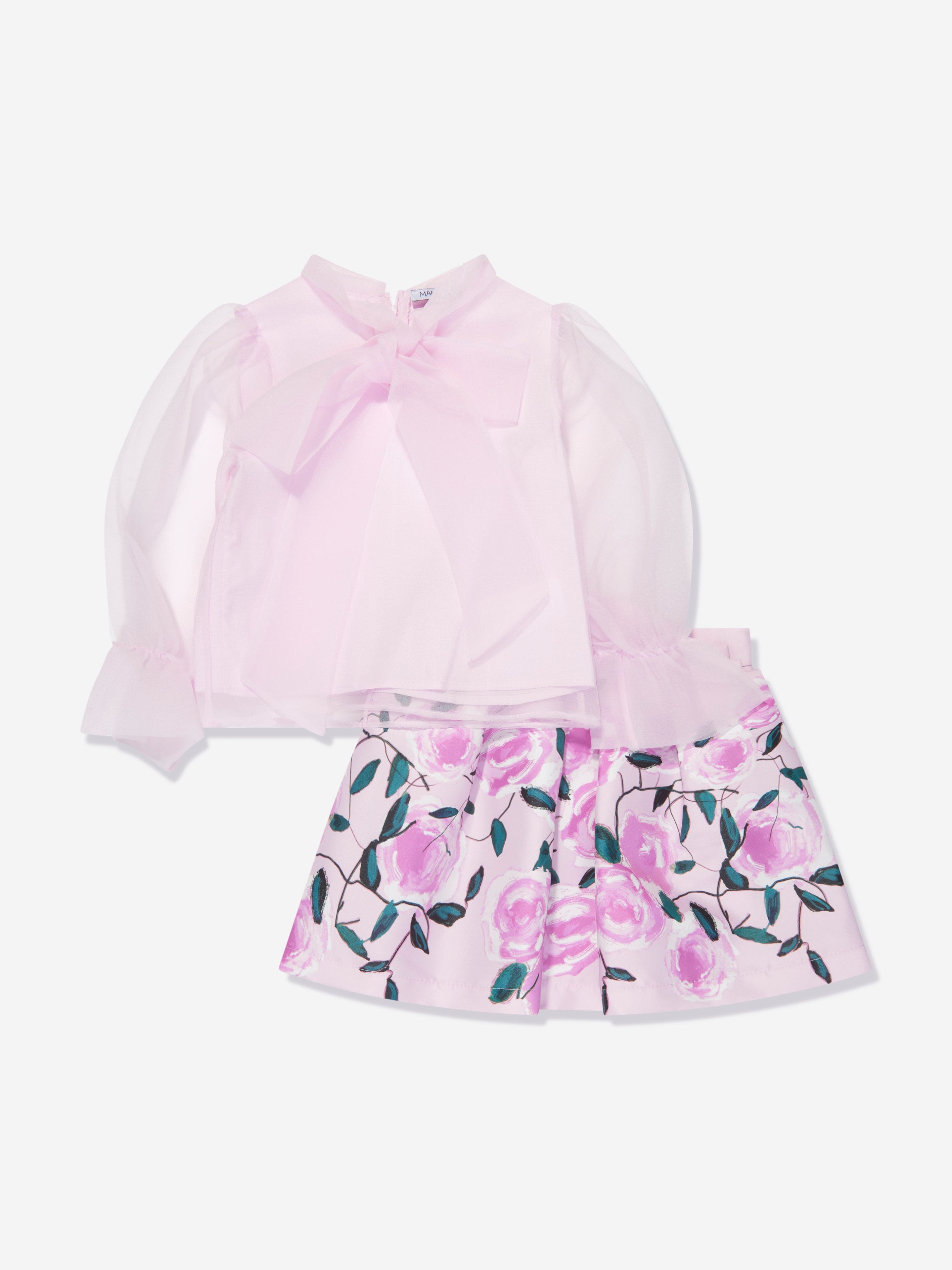 Girls Organza Bow Blouse And Skirt Set in Pink