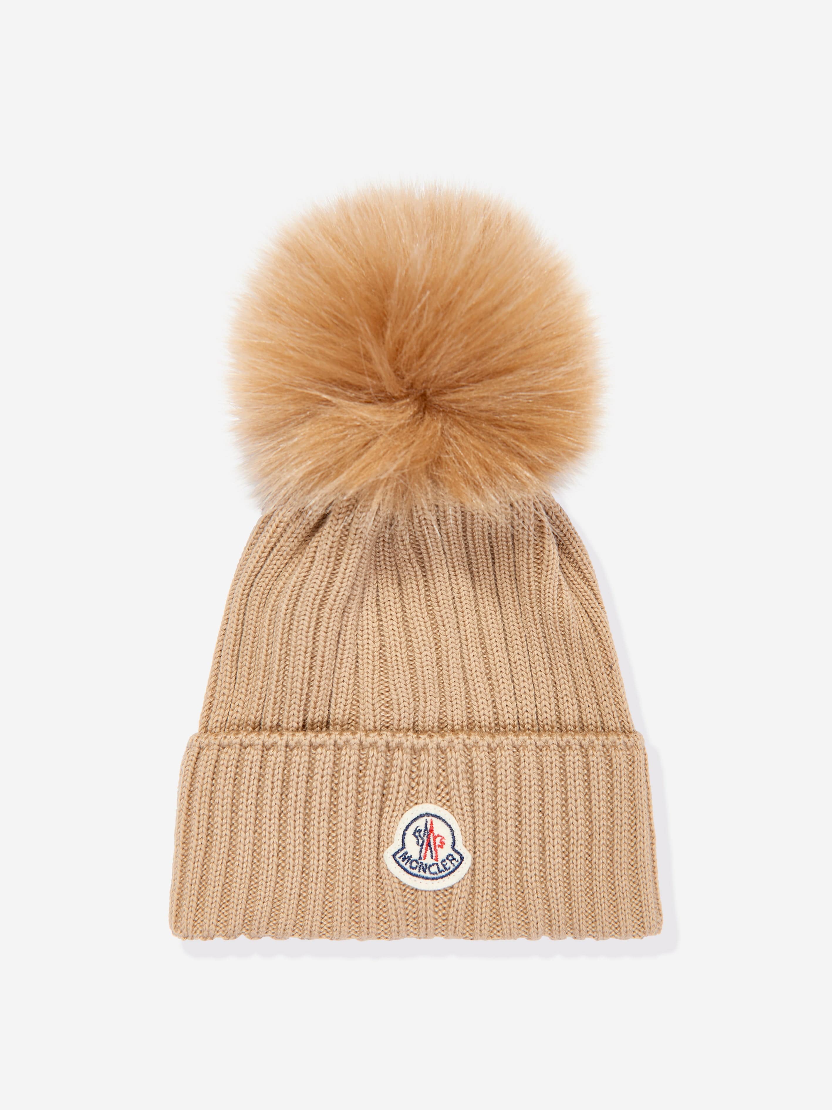 Moncler Enfant Girls Wool Pom Pom Hat in Brown Childsplay Clothing