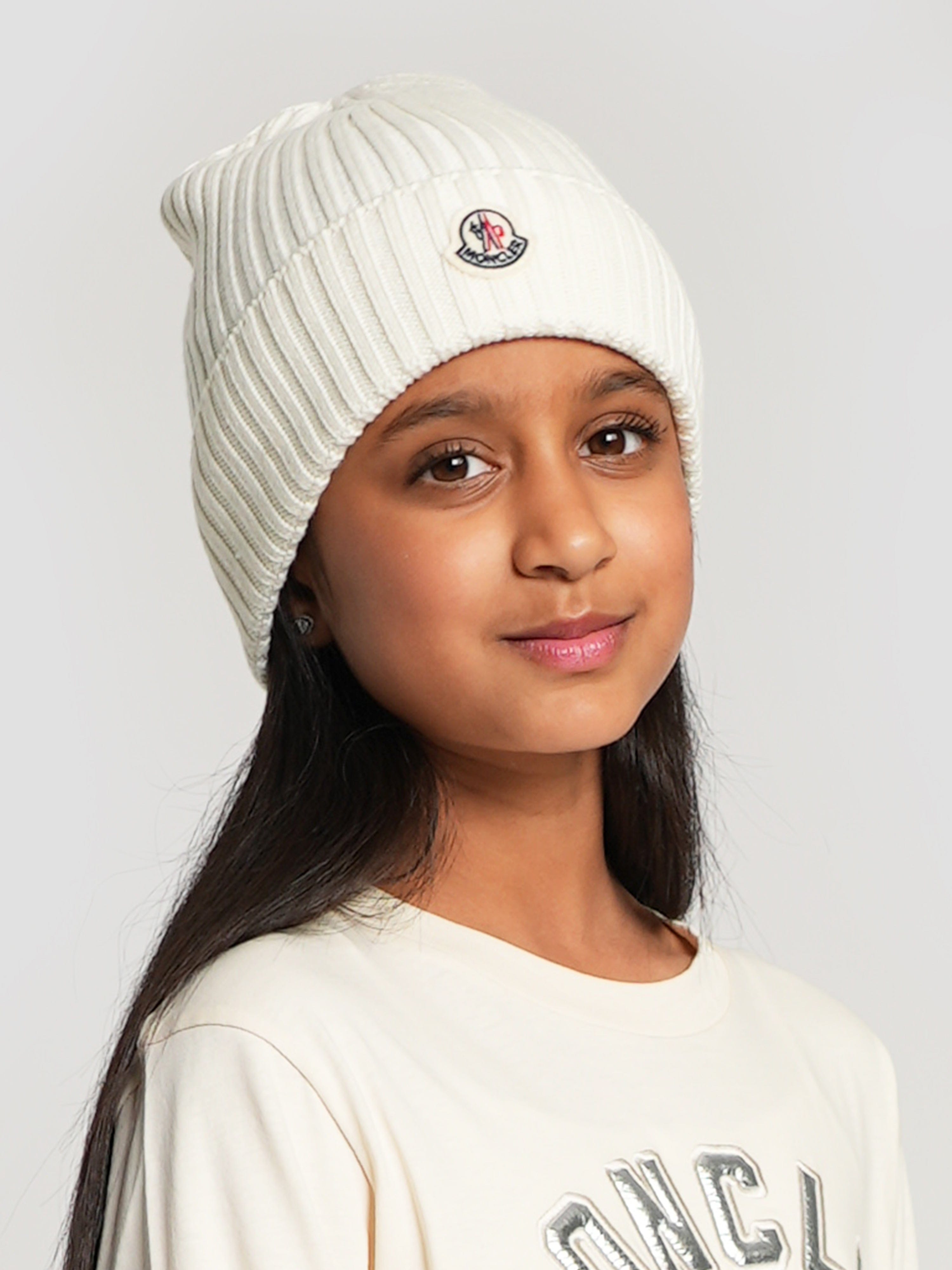 Moncler Enfant Girls Wool Beanie Hat in Ivory