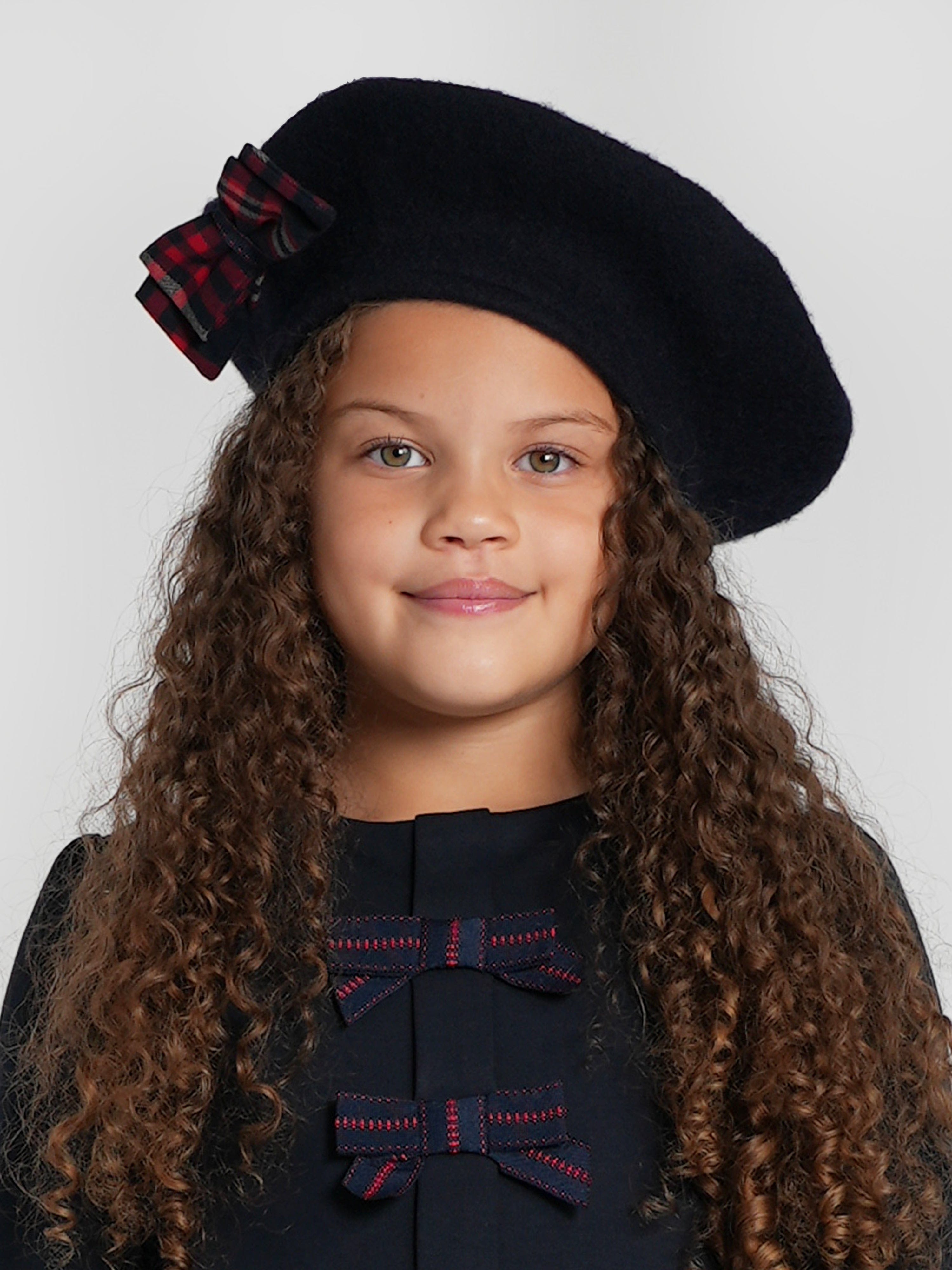 Girls Tartan Bow Beret in Navy